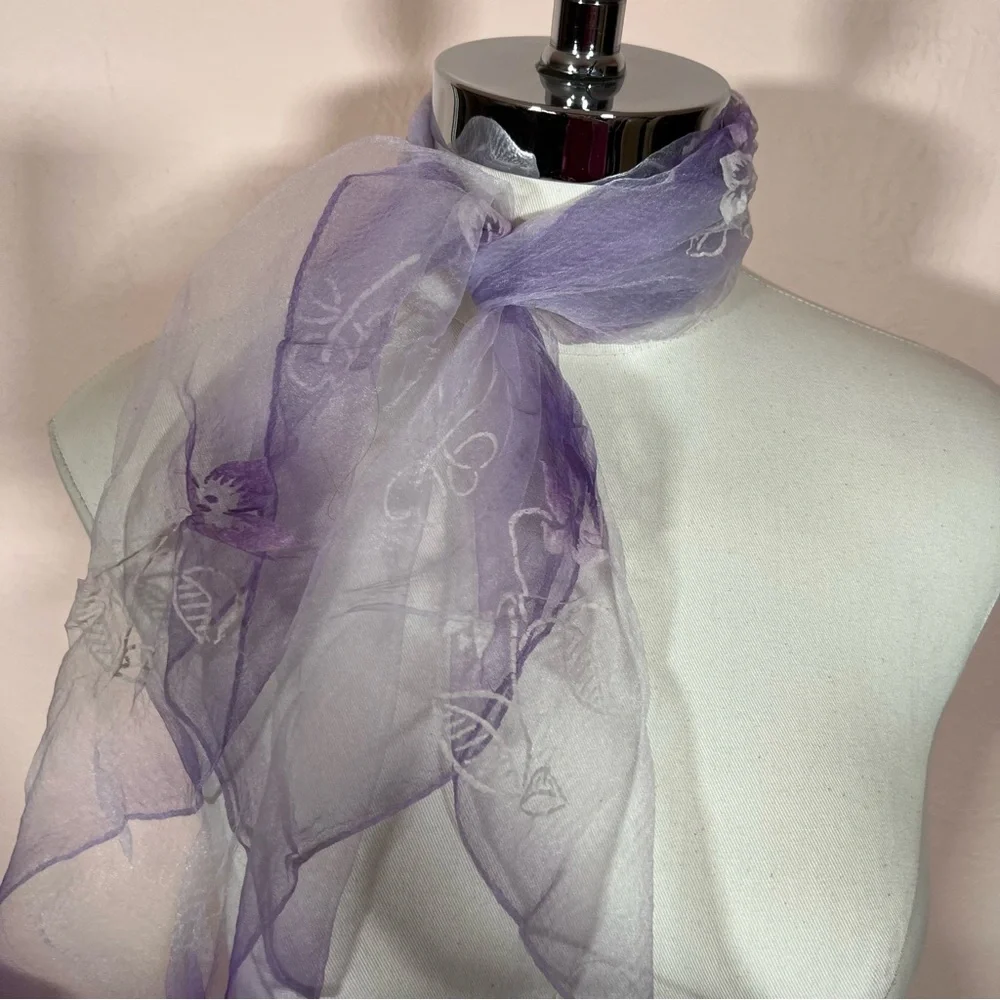 Vintage 1960 70’ semi sheer purple white flocked cottagecore floral Scarf